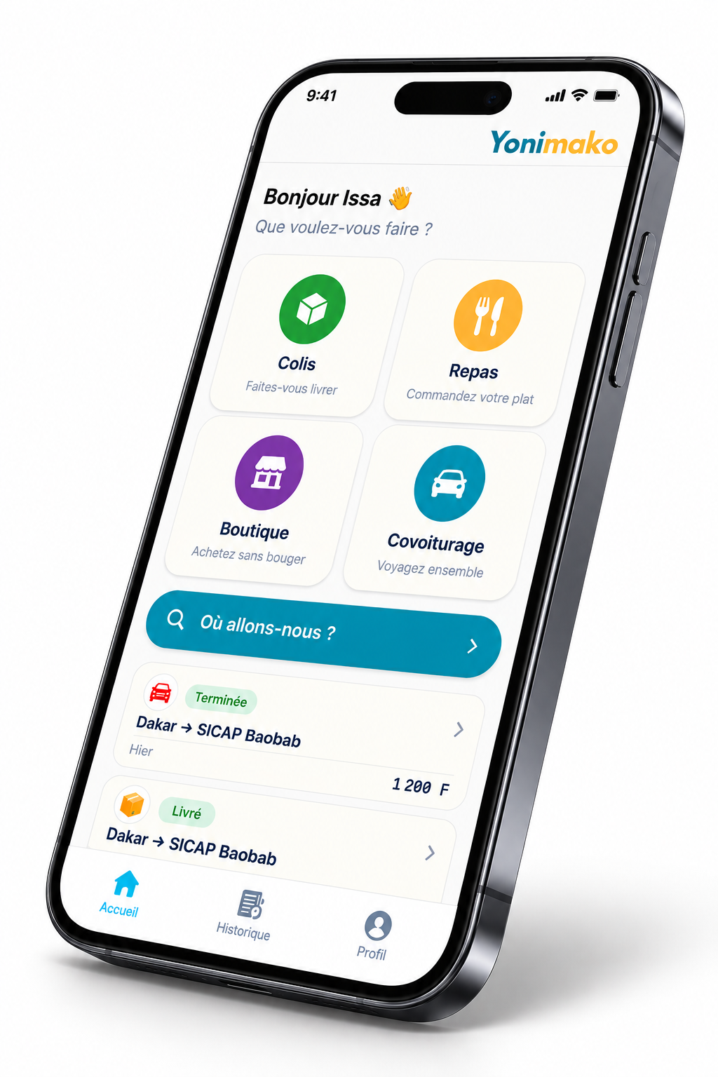 Aperçu de l'écran d'accueil de l'application Yonimako : Colis, Repas, Boutique et Covoiturage