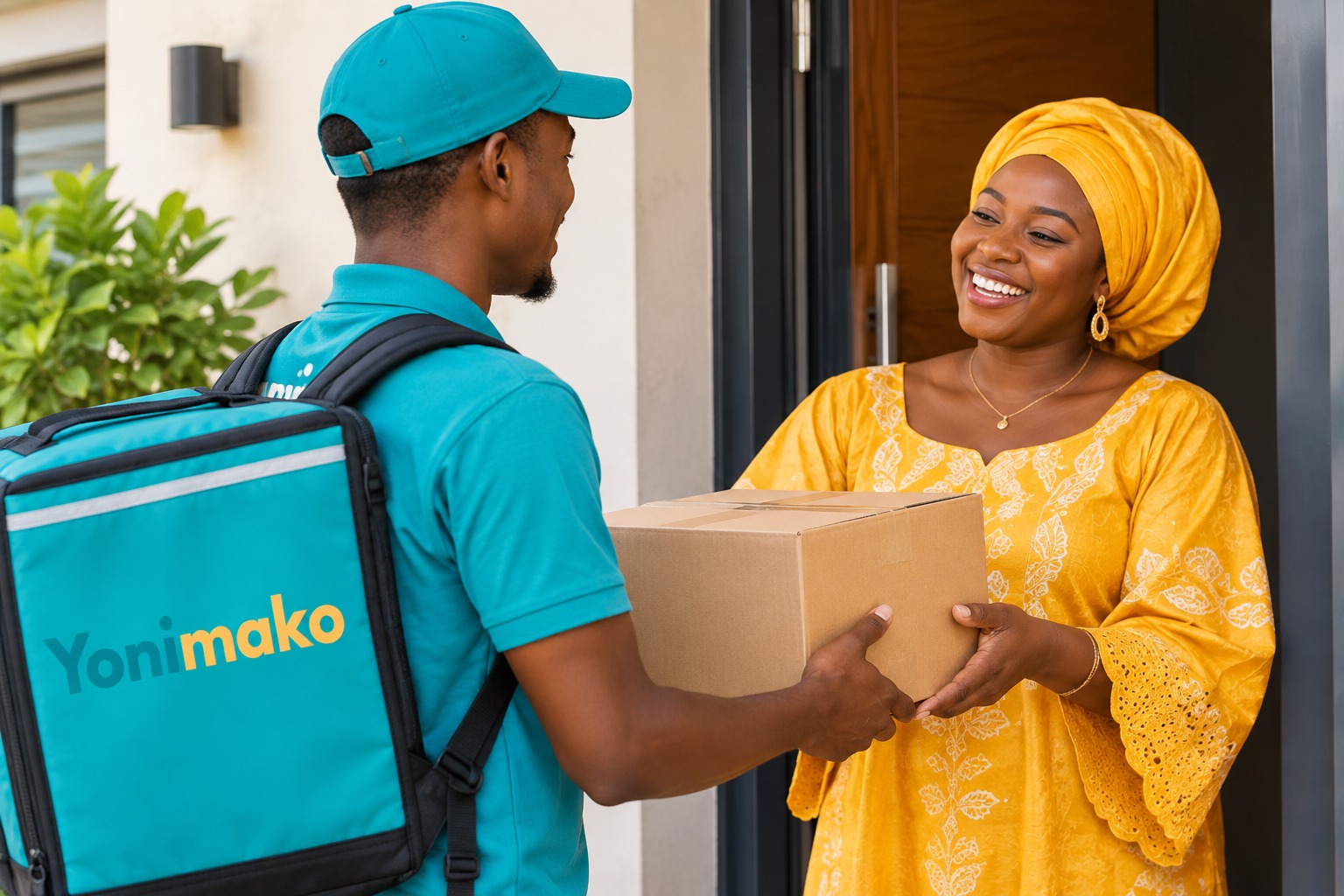 Livreur Yonimako remettant un colis à une cliente à sa porte