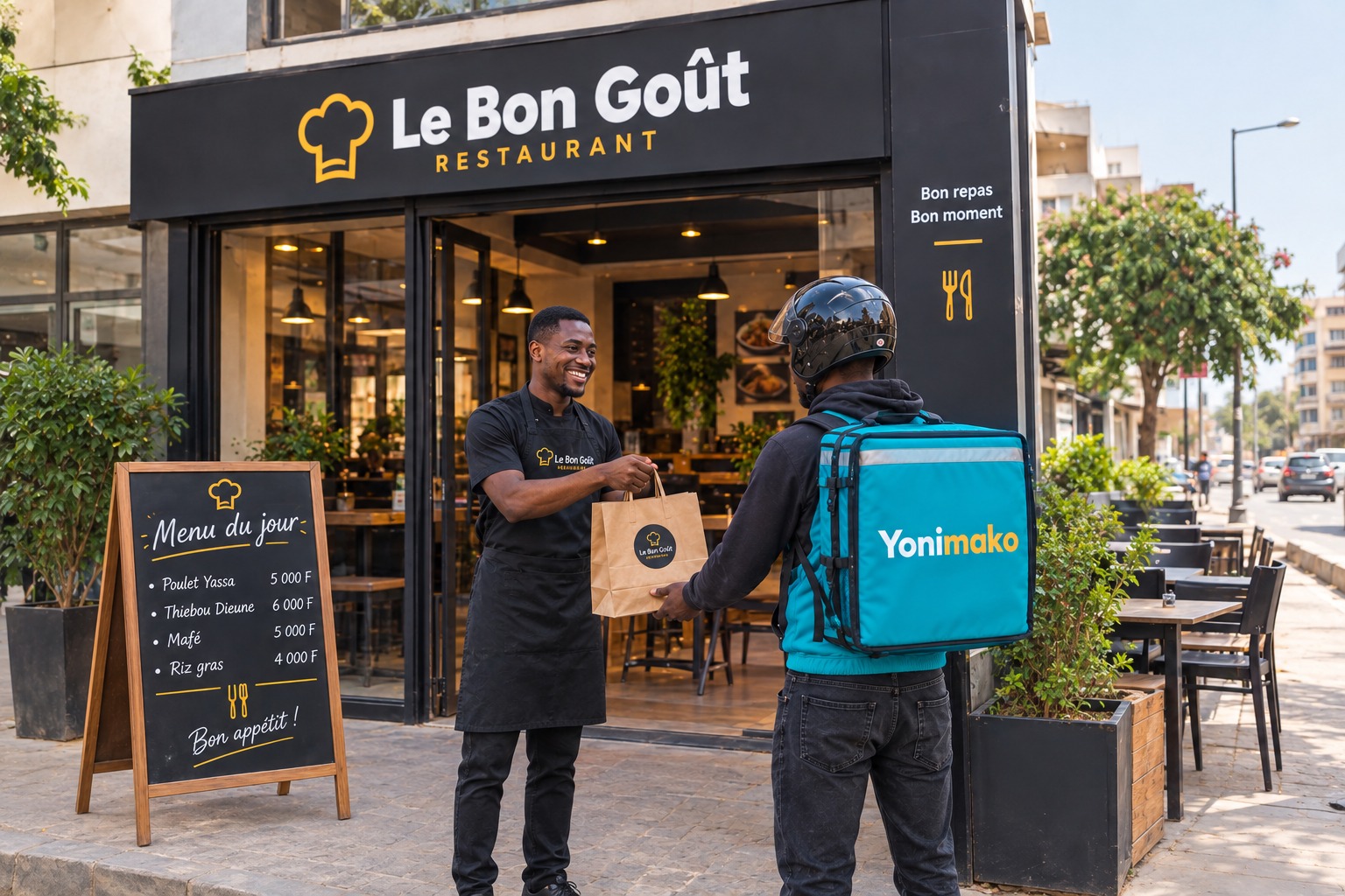 Restaurateur remettant une commande à un livreur Yonimako
