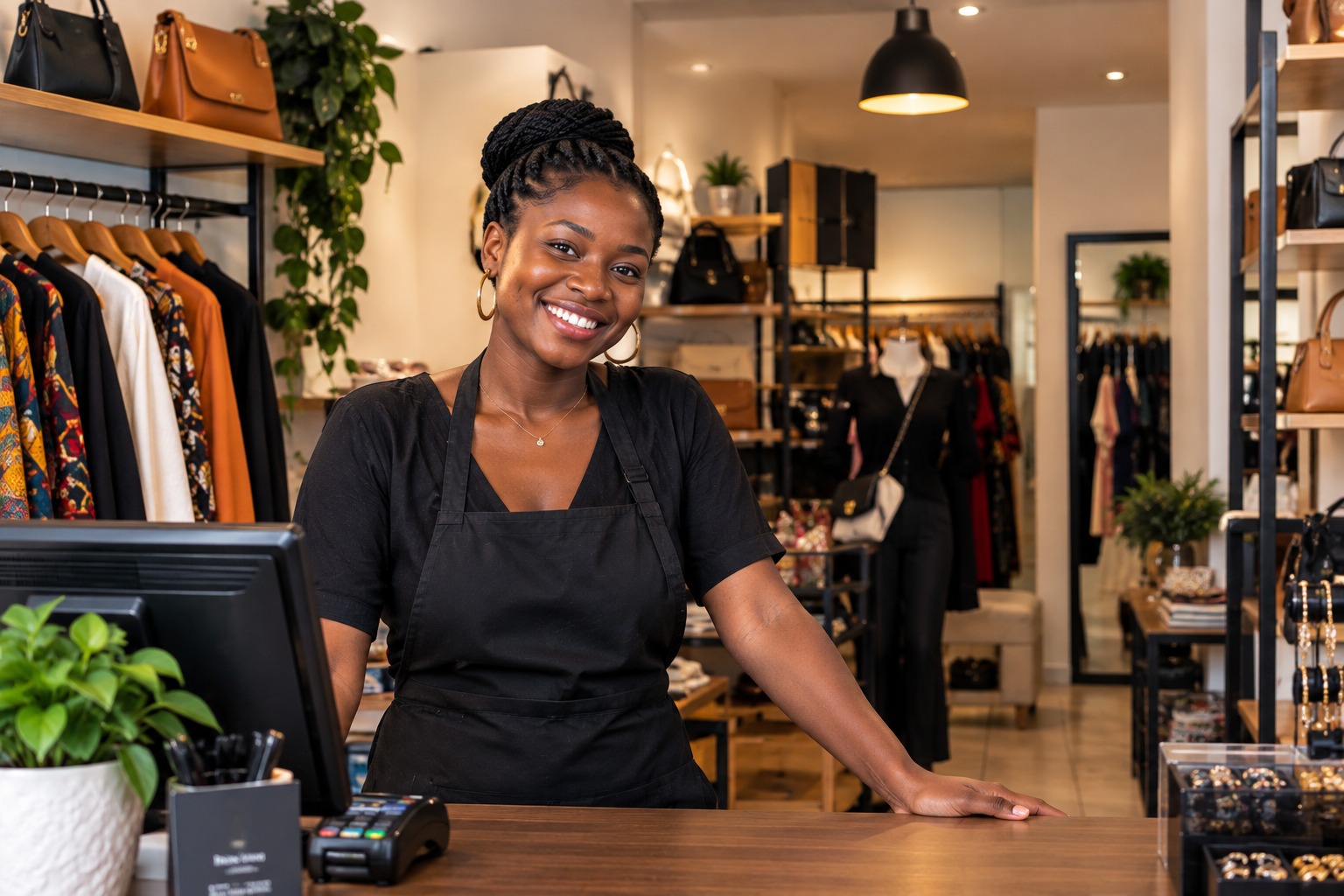 Vendeuse souriante dans sa boutique partenaire Yonimako
