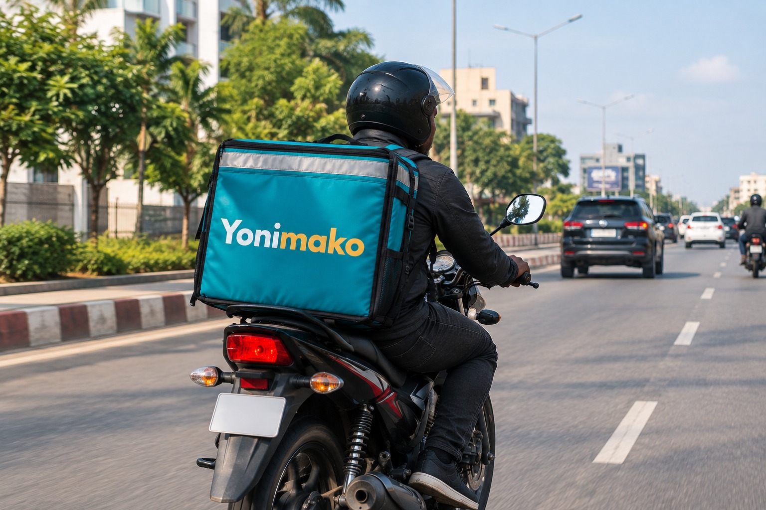 Livreur Yonimako à moto dans la circulation